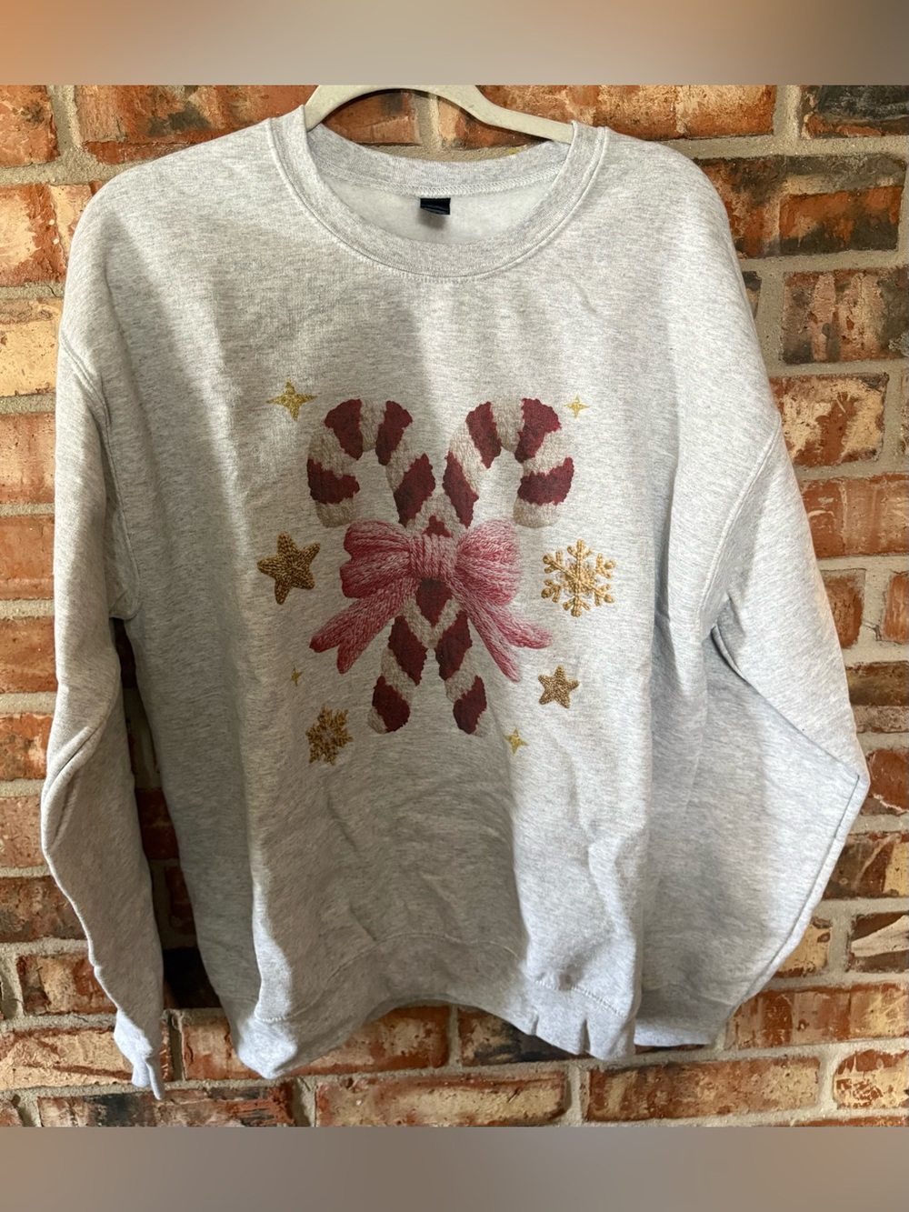 Gildan Light Gray Sweatshirt with Pink Bow and Red Candy Canes